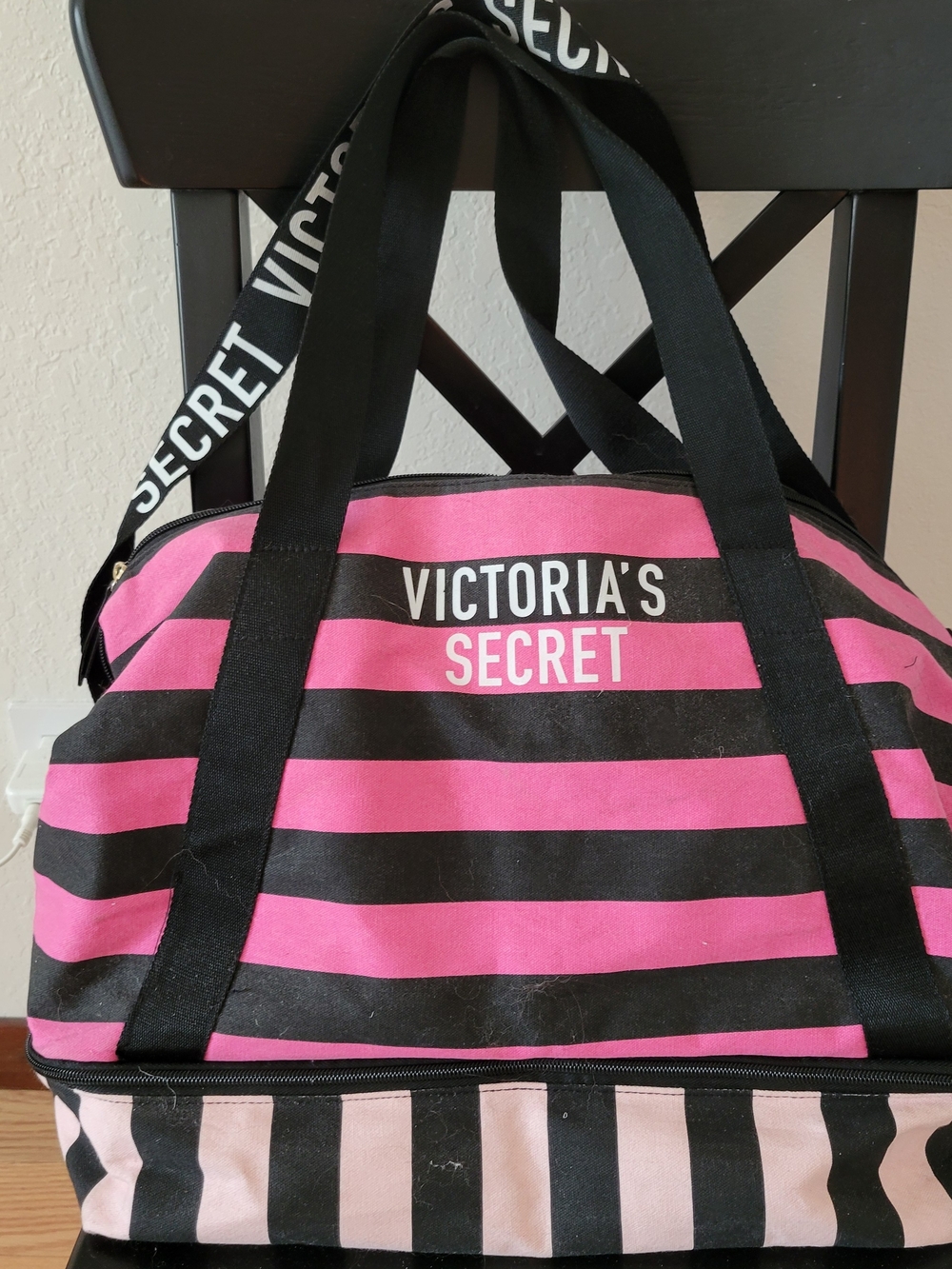 Victoria's Secret Pink & Black Striped Weekend Bag